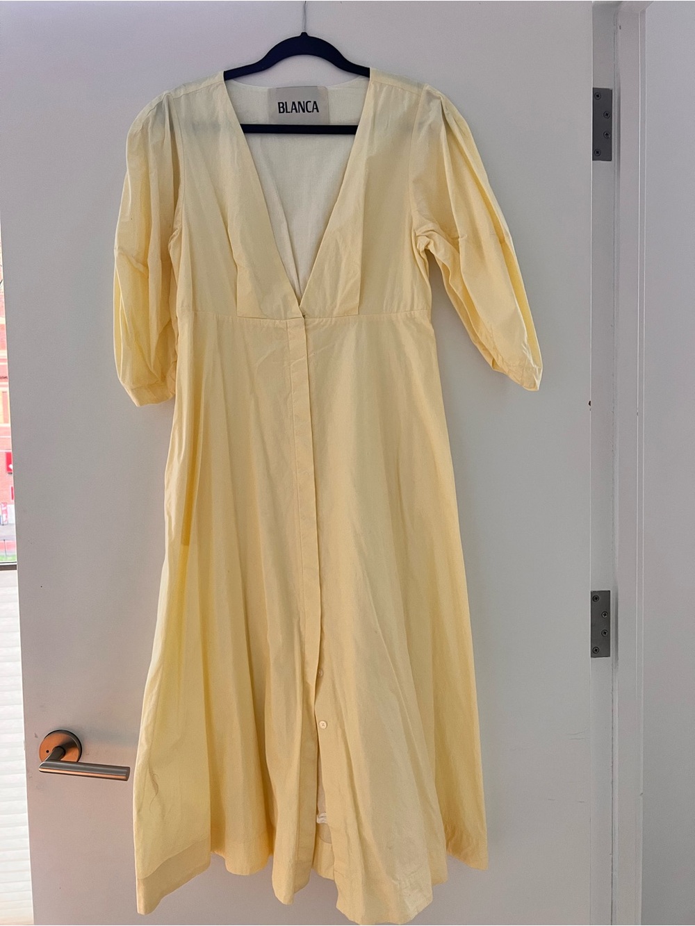 Blanca Line Soft Yellow V-Neck Midi Dress with Puff Sleeves